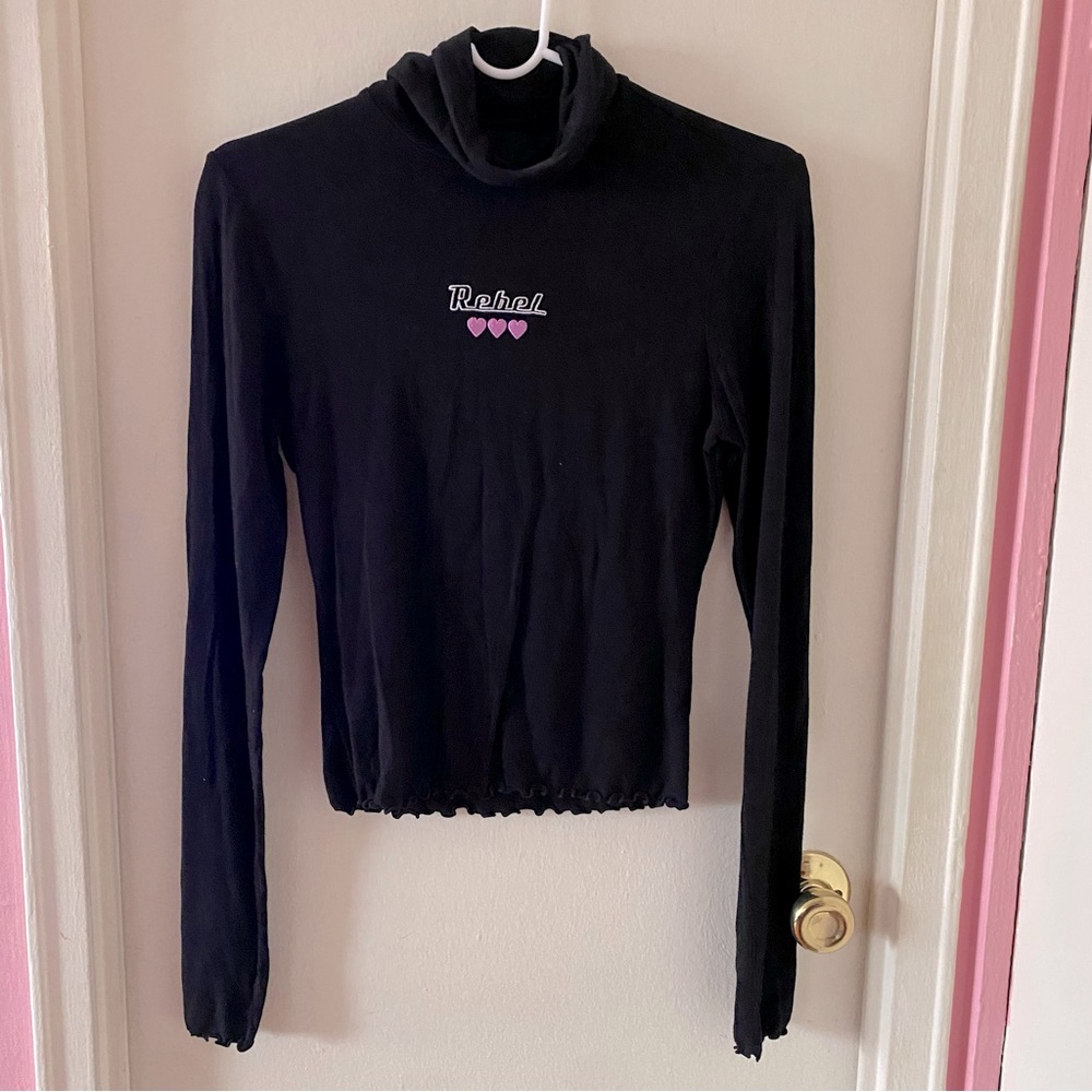 Forever 21 Black Bodycon Turtleneck Top with “Rebel” Heart Embroidery